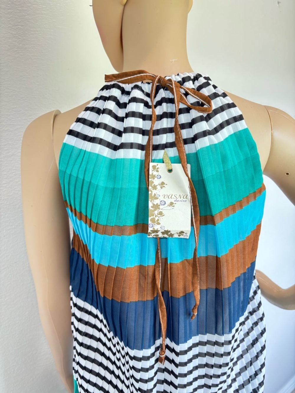 Vasna Desire Striped Halter Maxi Dress in Teal, Navy & Brown NWT - Picture 9 of 15